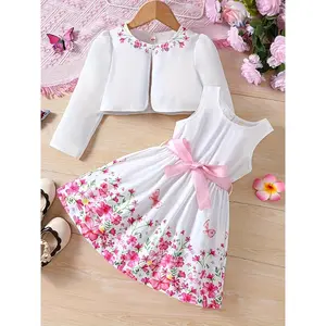 2pcs set of girls' elegant and charming floral print sleeveless round neck dress with belt + floral print solid color jacket suit, as a gift holiday parties, suitable gatherings/parties/evenings/outdoors/casual/daily wear, perfect