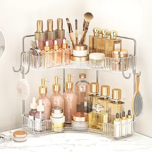 Corner Bathroom Counter Organizer 2 Tier Bathroom Organizers and Storage Countertop with Hooks Skin Care Exquisite Vanity Organizer Countertop Bathroom Storage Dresser, Kitchen-Clear