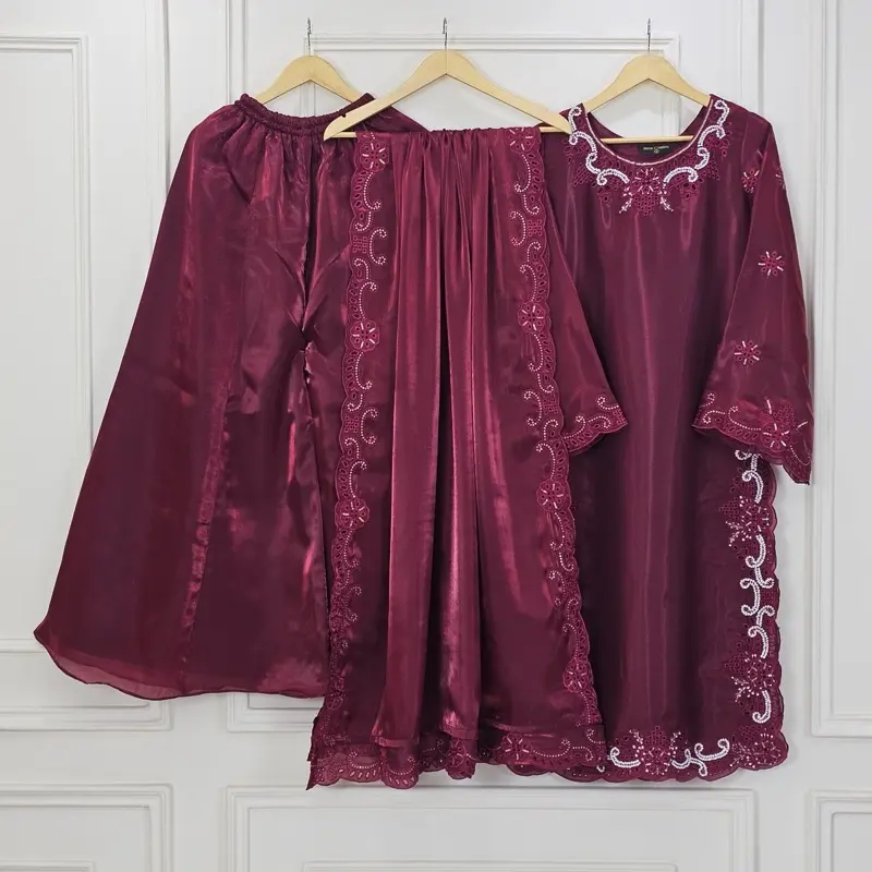 Maroon Shisha Silk Embroidered 3-Piece Sharara Set – Size M