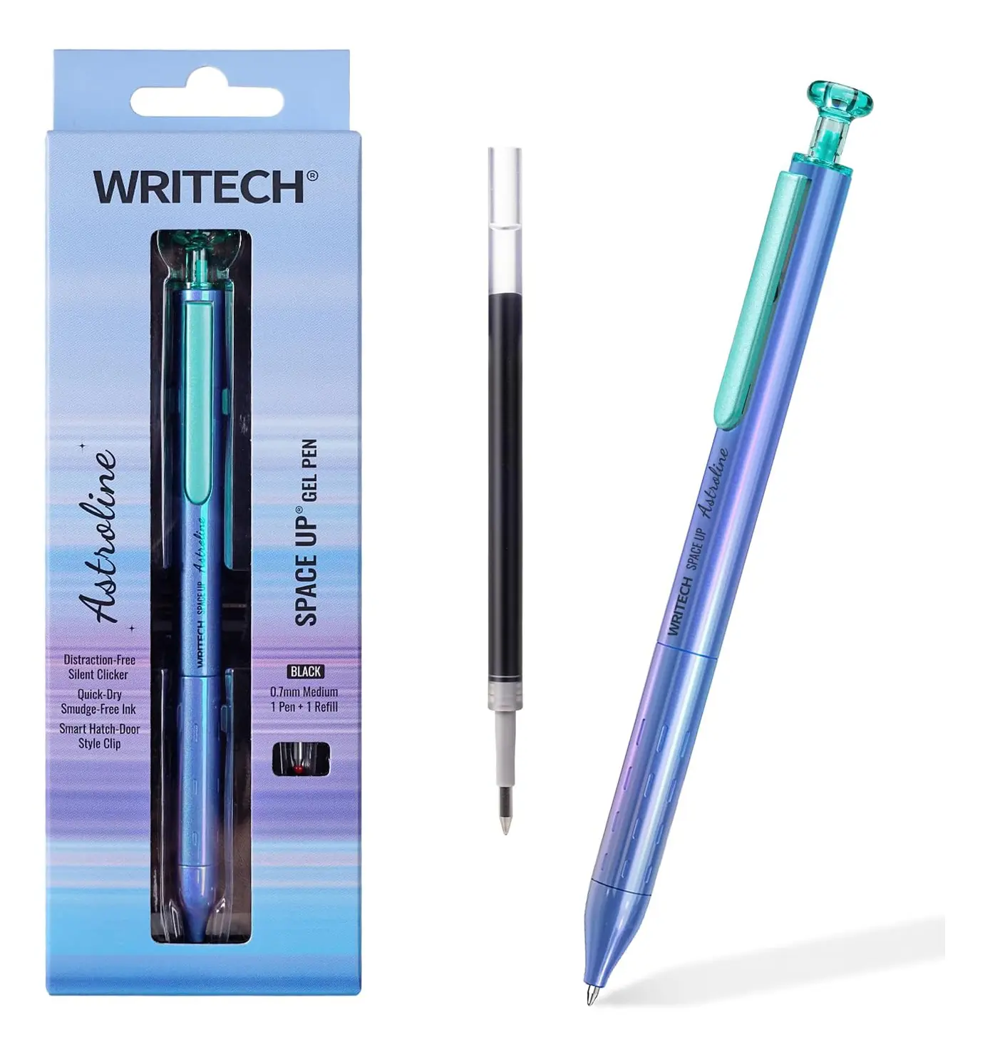 WRITECH Gel Pen Fine Point: Space Up Astroline Pen Metal Barrel 0.7mm Retractable Black Ink 1ct with 1 Refill Silent Clicker Smooth Writing No Smear