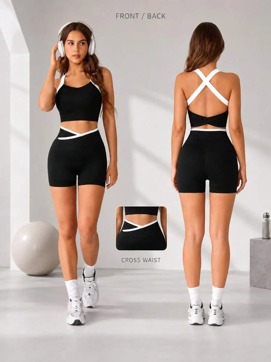 1 Set Women Black And White Contrast Color Cross Back Sports Set, Summer High Waist Lifting Fitness Yoga 2 Pieces Suit, Athleisure Gym Workout Modest
