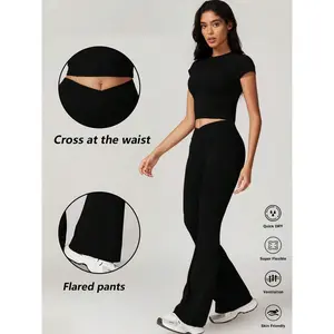 2 Piece Set Women's Solid Cut High Waist Biker Pants Tracksuit Set with Flared Pants Street Tracksuit Set Breathable and Comfortable Sports Sets for Gym Workout,