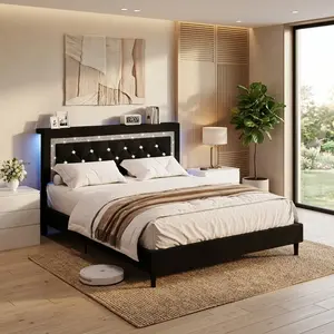Bed Frame with USB LED Strip Lights, Twin Full Queen King Size Platform Bed, Diamond Tufted Headboard with Storage Design, Wooden Slats Support, No Box Spring Needed, Easy Assembly, Bedroom Furniture in White Pink Black