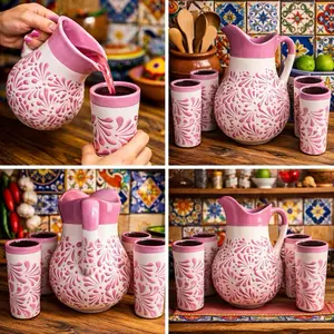 Hand Painted Mexican Talavera Pitcher and 6 Tumblers Set, glazed pink  & Pink