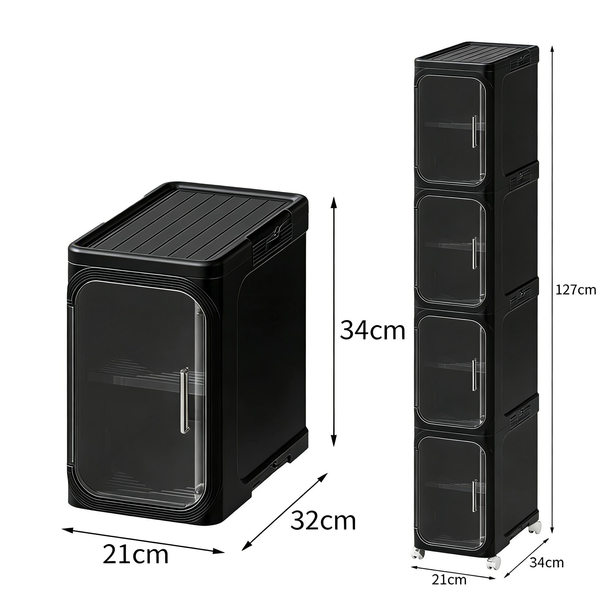 Black White Slim Storage Cabinet No Installation Foldable Movable With Wheels Magnetic Door Transparent Waterproof Dustproof Kitchen Bathroom Bedroom Large Capacity Organizer