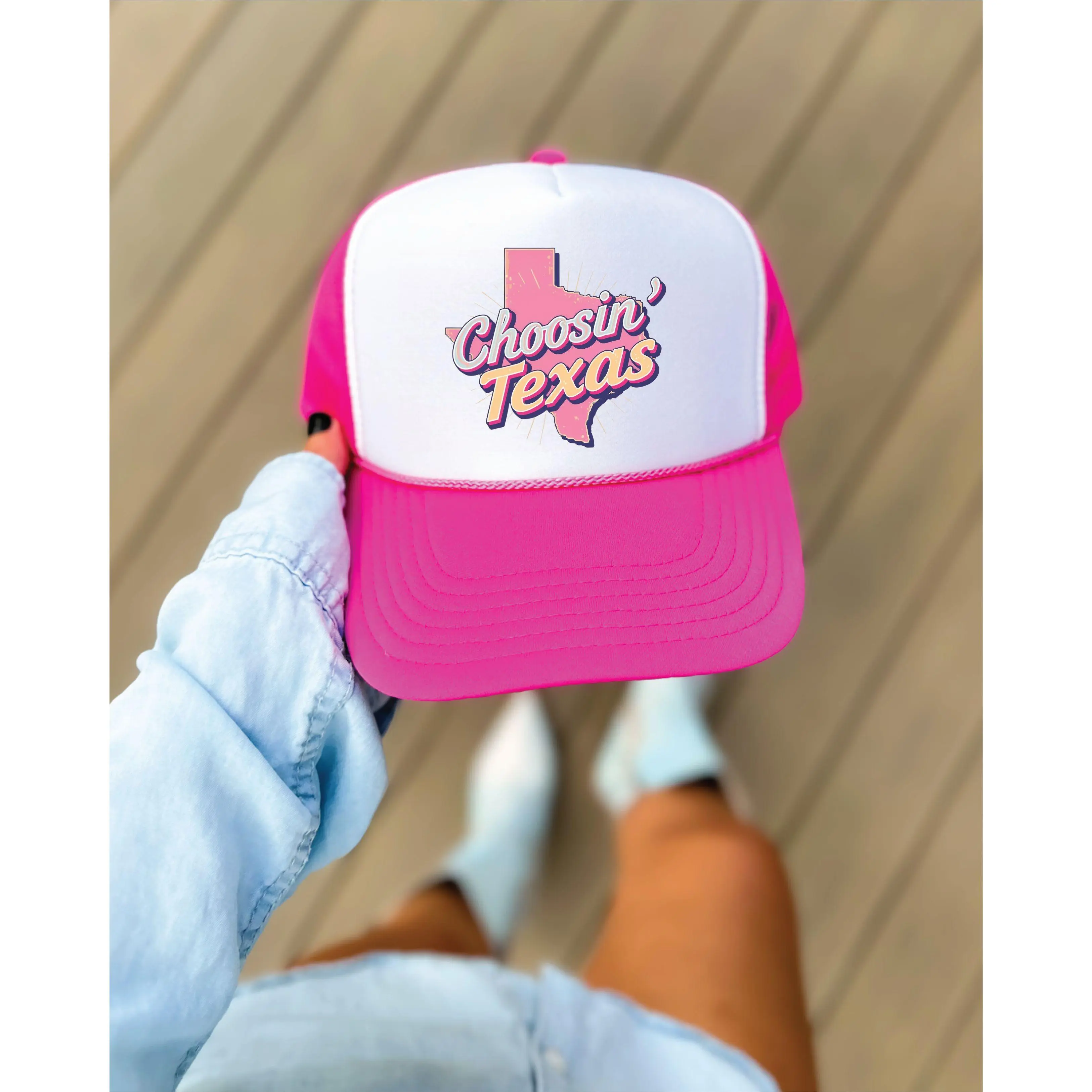 Choosing Texas DTF Printed Hot Pink and White Trucker Hat