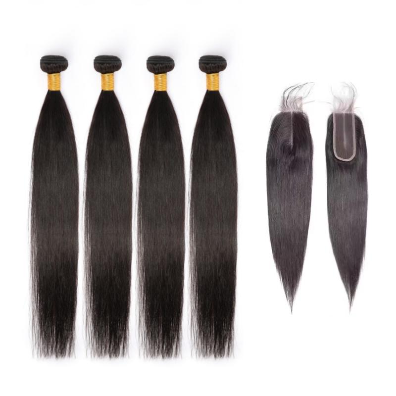 [Last Special Offer] Human Hair 3/4 Bundles Straight Hair Nature Black with 2x6 Lace Closure Brazilian Hair Luxury Salon Can Be Dyed & Styled No Shedding Tangle-Free
