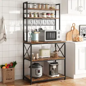 5-Tier Rustic Brown Kitchen Storage Shelf with 6 S Hooks, Microwave Oven Stand, Coffee Bar Station, Freestanding Kitchen Appliance Organizer