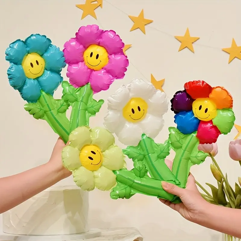 36/ 50Pcs Handheld Daisy Balloons – Smiley Face Self-Sealing Foil, Multicolor – Perfect for Kids Birthday Party, Classroom Decor, Graduation Ceremony, Outdoor Photo Prop – Great for Christmas & Halloween Gift