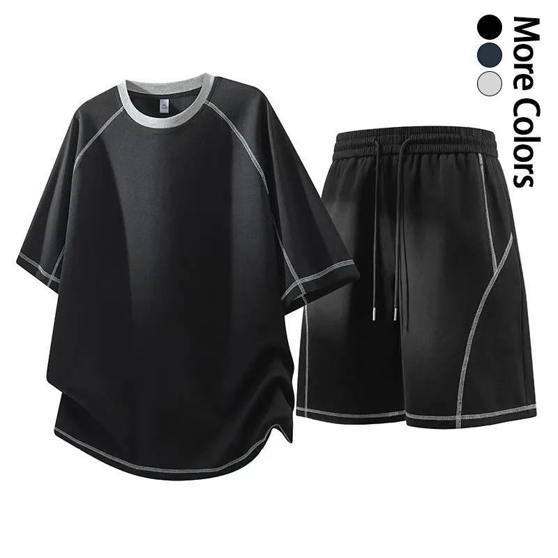 Men’s plus-size solid-color contrast-color raglan short-sleeve T-shirt and drawstring shorts set, a comfortable, breathable two-piece suitable for everyday outdoor wear—summer menswear. Casual Outfit