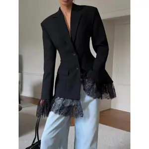 Women's Pure Color Woven Fabric Lace Patchwork Button Waistcoat Jacket, Office Evening Date Formal Banquet Fall Winter