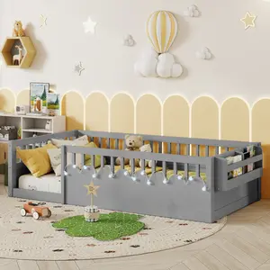 [Bellemave]Twin/Full Montessori Floor Bed Frame with High Rails, Wood Kids Floor Beds with Light and Storage Shelf, Gray (Expect Arrival Date 2025/8/15)
