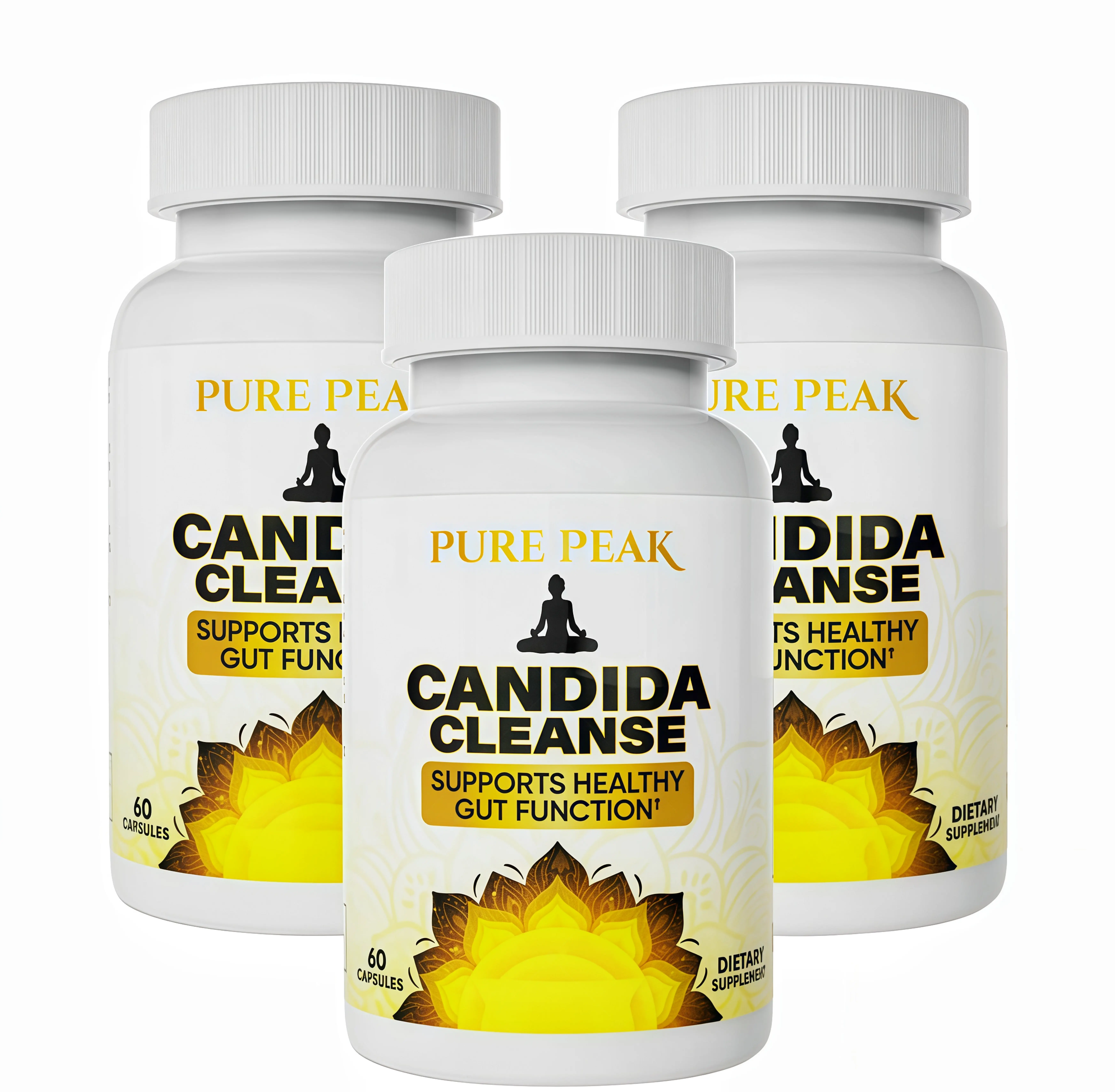 3 Piece Pure Peak Candida Cleanse Supplement -RW Supports Healthy Gut Function & Intestinal Balance, with Oregano, Caprylic Acid, LactoSpore Probiotics, Wormwood, Black Walnut - 60 Capsules