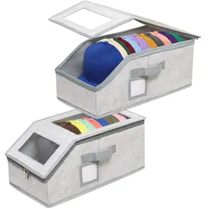 Slanted Front Baseball Cap Organizer, Holds 24 Hats – Sturdy Foldable Fabric Bin,  Clear View Hat Storage Solution, Smart Closet Organizer with Side Handle & Label, Dustproof, Space Saving