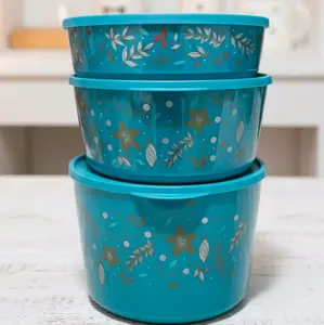 Set of (3) illuminated bowls in green with a gold design.