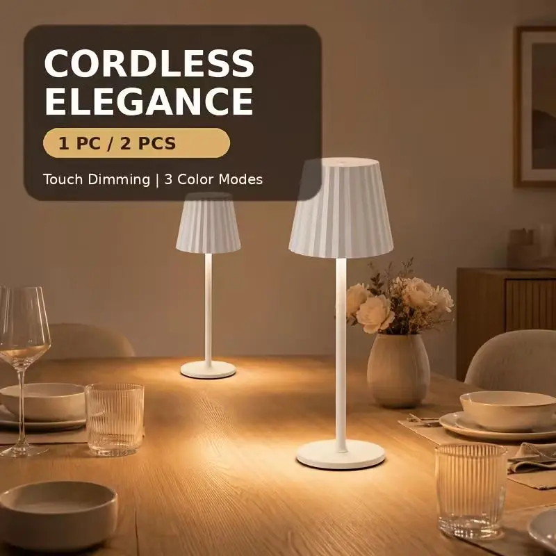 1 or 2 Pack Cordless Table Lamp, USB Rechargeable White Pleated Shade LED Desk Lamp with Touch Dimming and 3 Color Temperatures, Portable Wireless Bedside Light for Bedroom, Living Room, Dining Table, Cafe, Restaurant, and Bar