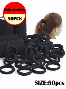 50pcs Black Simple Plain Color Elastic Hair Tie, 50pcs Summer Daily Black Elastic Hair Accessory for Women, Minimalist Ponytail Holder, Hairstyles Ideas, Rubber Band, Hair Accessories Set Cotton Thick Seamless Cotton Hair Ties