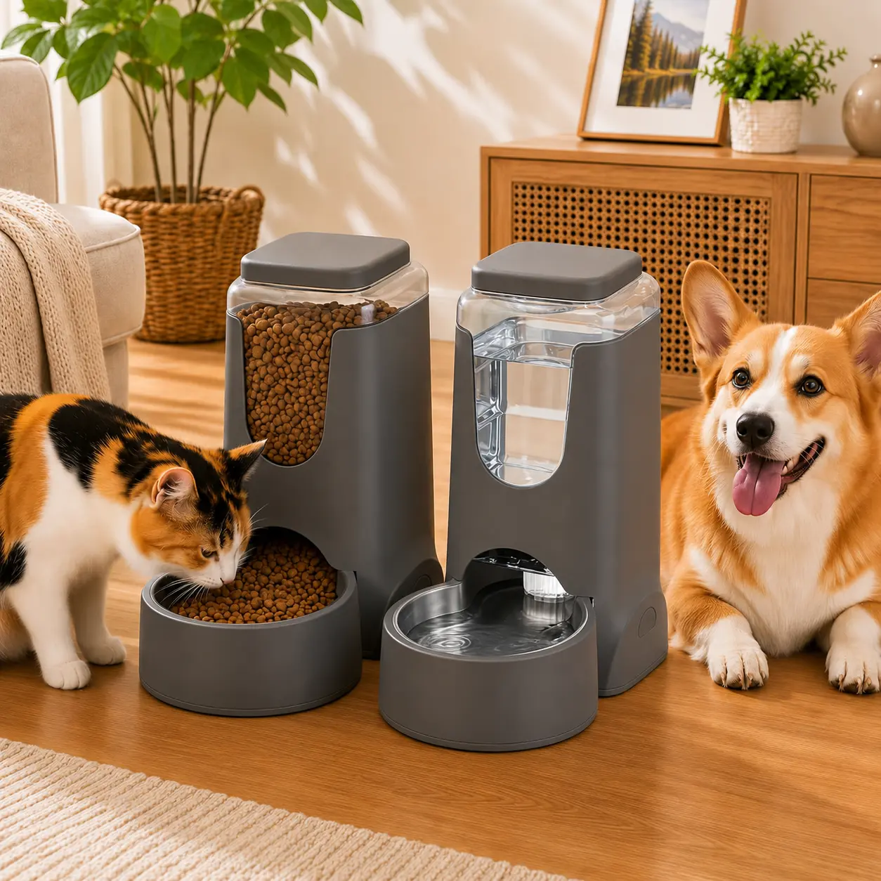 [BacktoSchool] Cat & Dog Gravity Feeder and Water Dispenser Set - 1 Gal x2, Stainless Steel Bowl, Transparent Polypropylene, Leakproof Valve, Food Storage, Hand Wash for Small-Medium Pets Puppy Kitten