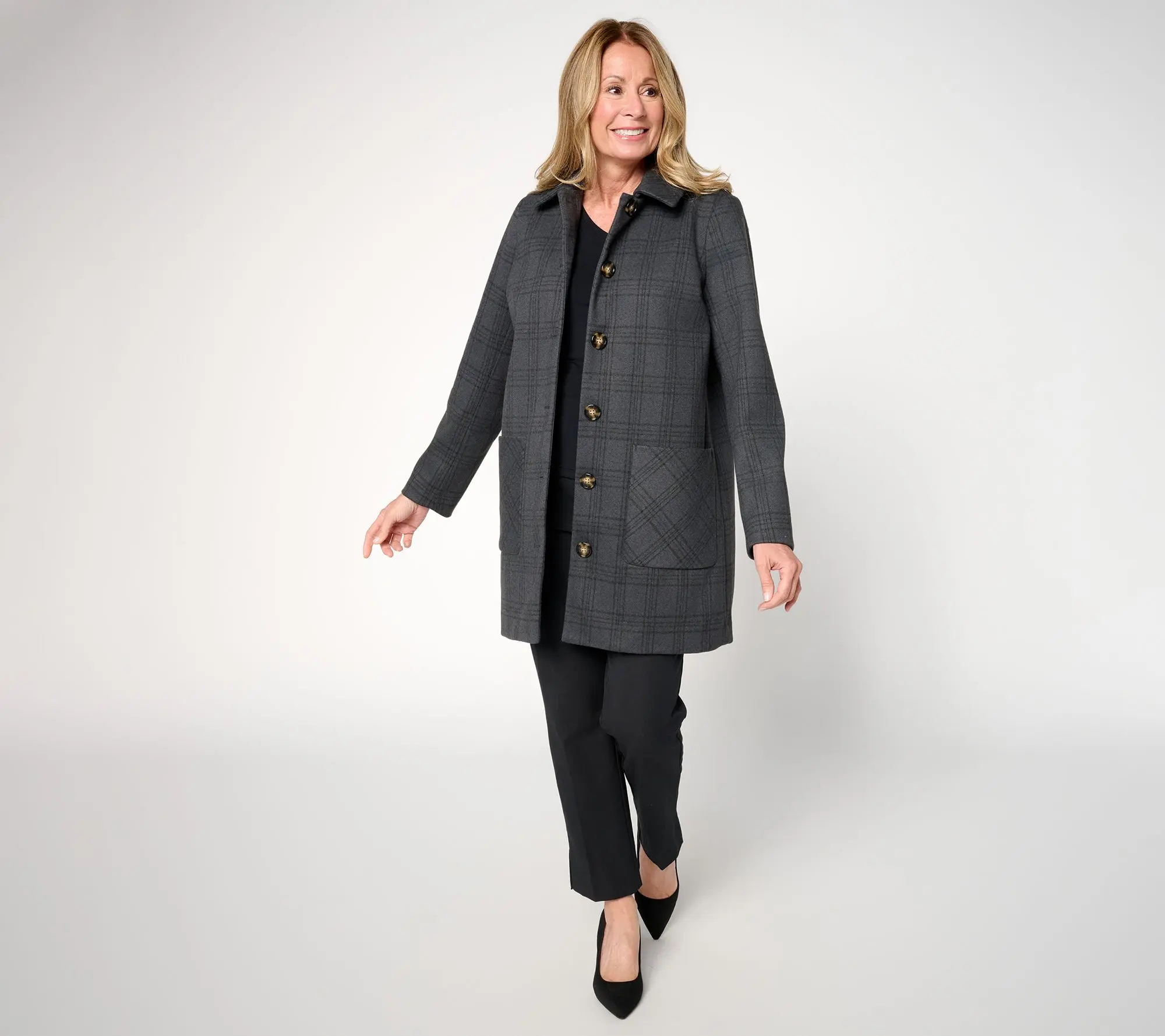 Susan Graver Petite Glen Plaid Button Front Coat