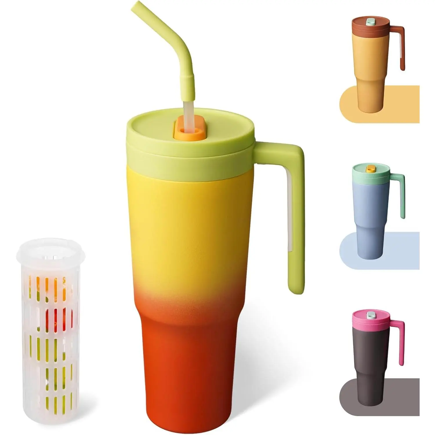40oz Stainless Steel Insulated Flask Tumbler with Handle, Straw, Lid, and Fruit Infuser - Sunset Orange Travel Coffee Mug, Flasks