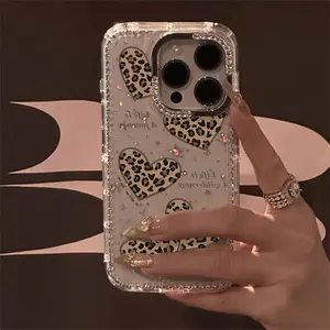 Leopard Print Heart Luxury Rhinestone Fashion Phone Case, Transparent Sparkling Diamond Frame Star Case Anti-Drop Case, Compatible with iPhone 17 Pro Max 17 Air 16 15 14 Plus 13 12 11 Protective Cover, Christmas Gift, New Year Gift, Easter Gift