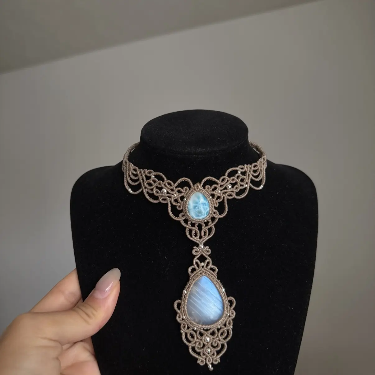 Handmade Larimar Moonstone Macrame Necklace, Tan Cord Choker with Teardrop Pendant, Genuine Silver Beads, Boho Gift for Her