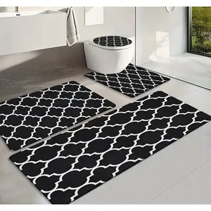 3/4pcs Bathroom Anti-Slip Mats Featuring a Black And White Geometric Pattern, Designed to Prevent Slipping. This Bathroom Carpet Set Includes a Bath Mat And a Contour Mat