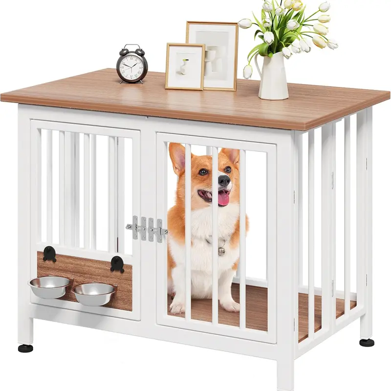 Yitahome 33" /39.3" Foldable Dog Crate Furniture, Portable Wooden Kennel End Table with Adjustable Feet & 360° Rotatable Bowls, Perfect for Small to Medium Dogs, Brown/ Blue