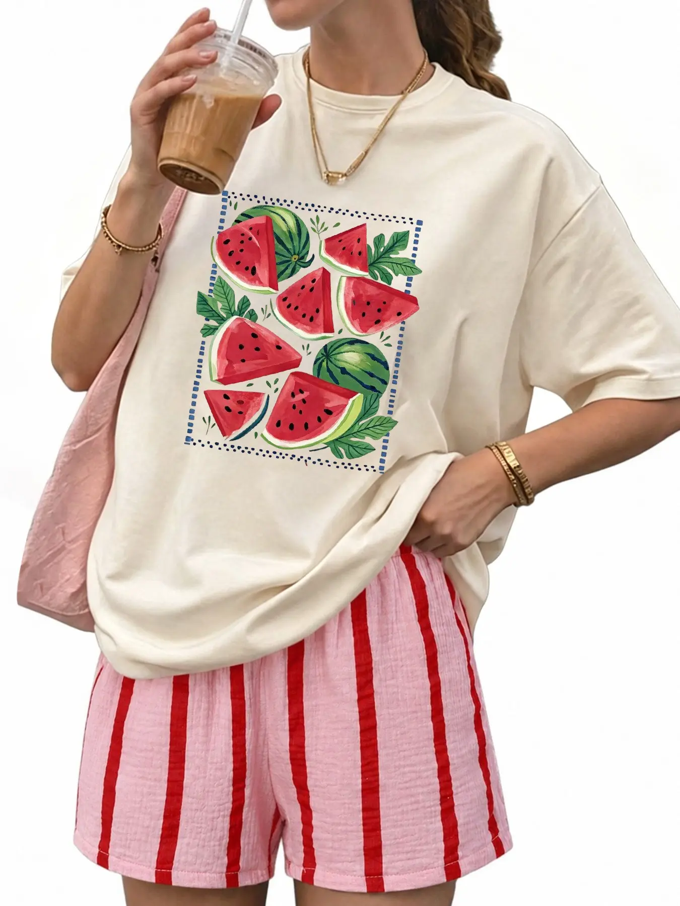 Women's Casual Summer, Watermelon Fruit Print Round Neck Top and Striped Shorts Set, Lightweight Comfortable Graphic Tee, Vacation Wear