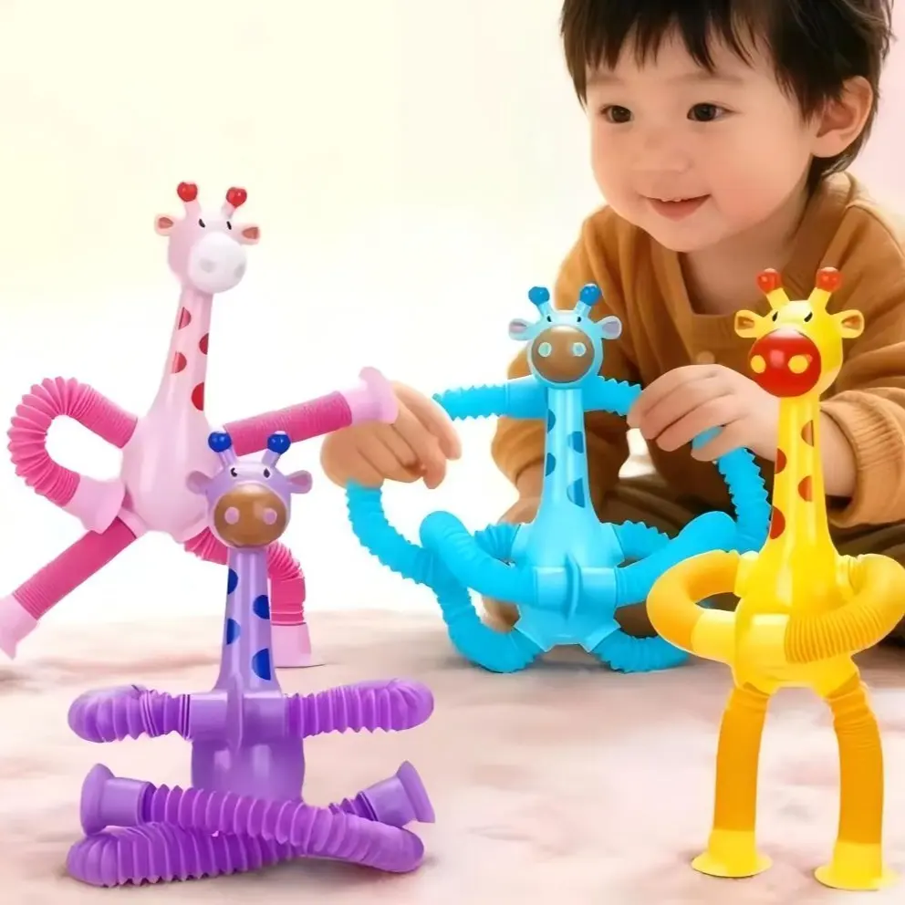 Stress Relief Giraffe Fidget Toys, 4-Pack Silicone Telescopic Suction Cup Toys with Portable Stretchable Pull Tube, Great Sensory Stress Relief for Kids, Hand Wash Compatible