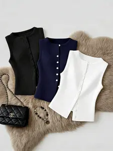 Women's Solid Color Ribbed Sleeveless Vest Set, Slimming Round Neck Top, Commuter Casual Inner Layer Outer Wear