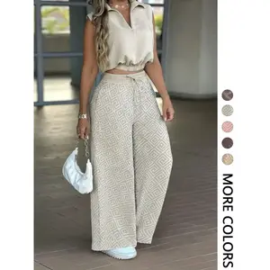 2-Piece Women's Casual Commuter Set, Sleeveless Collared Waist-Defined Top with High-Waisted Drawstring Wide-Leg Pants, Fitted, Women's Clothes,summervibes
