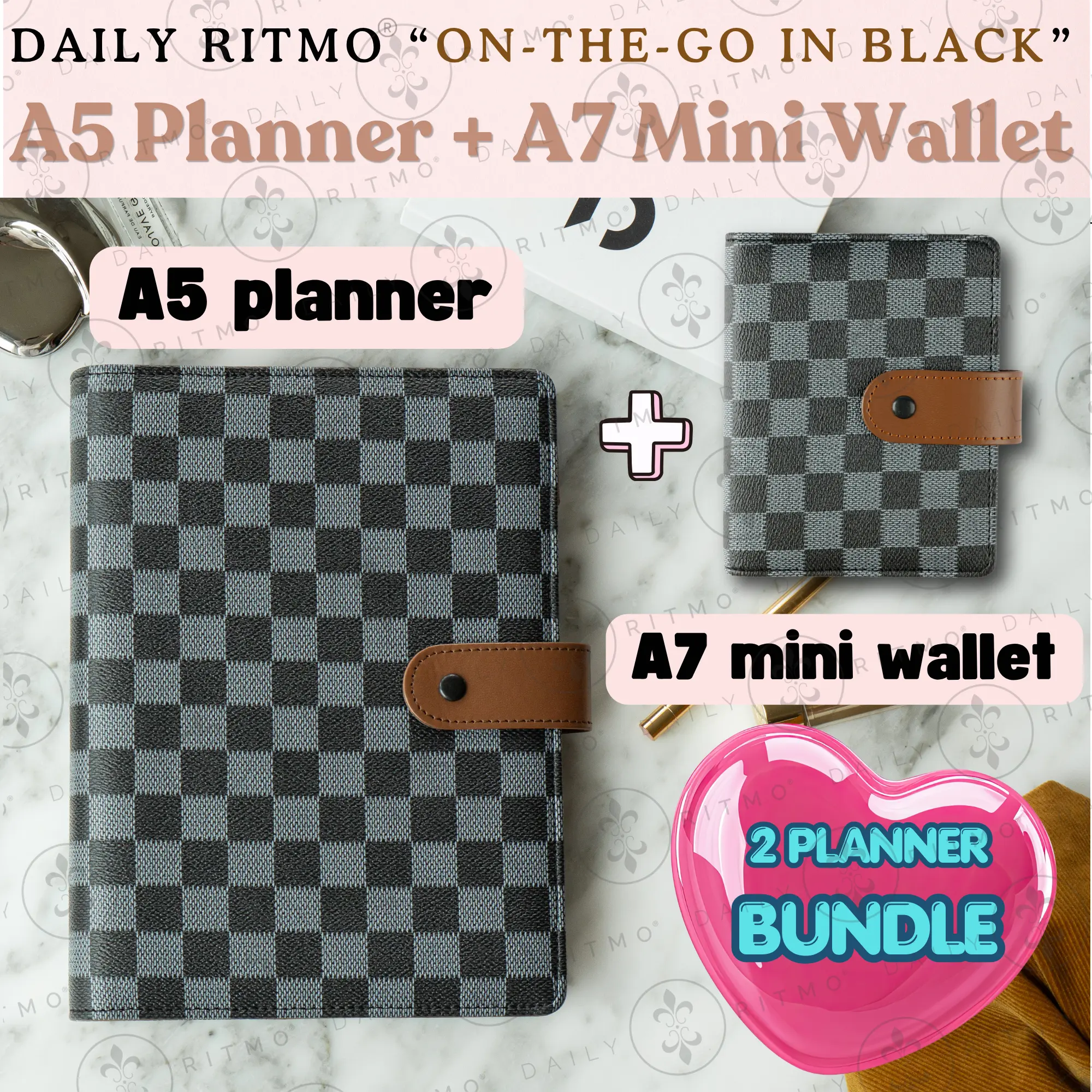 DAILY RITMO “On-the-Go in BLACK” Bundle – Checkered A5 Planner & A7 Mini Wallet Binder Combo