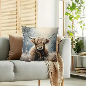 1pc Traditional Style Highland Cow Throw Pillow Cover, Double-Sided Short Plush Decorative Pillow Cover, 18x18inch Polyester, with Zipper Closure, Hand Wash, for Sofa, Living Room, Bedroom, Office Decoration- No Insert CBZS1996
