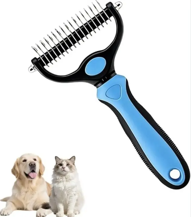 Pet Dematting Undercoat Rake, Stainless Steel Double-Sided Pet Detangling Comb, Pet Grooming Brush for Dogs&Cats Double Sided Deshedding Dematting Tool Remove Loose Undercoat Mats for Long Short Haired Pets Blue