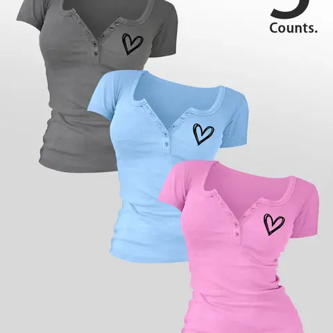 Hearts Printed Women's  Buttons   V Neck Tee, Casual Women's Short-Sleeve T-shirt For Summer, Ladies Basic Clothes for Daily Wear, TikTok Trending T-shirt Women, Fashion Casual Top