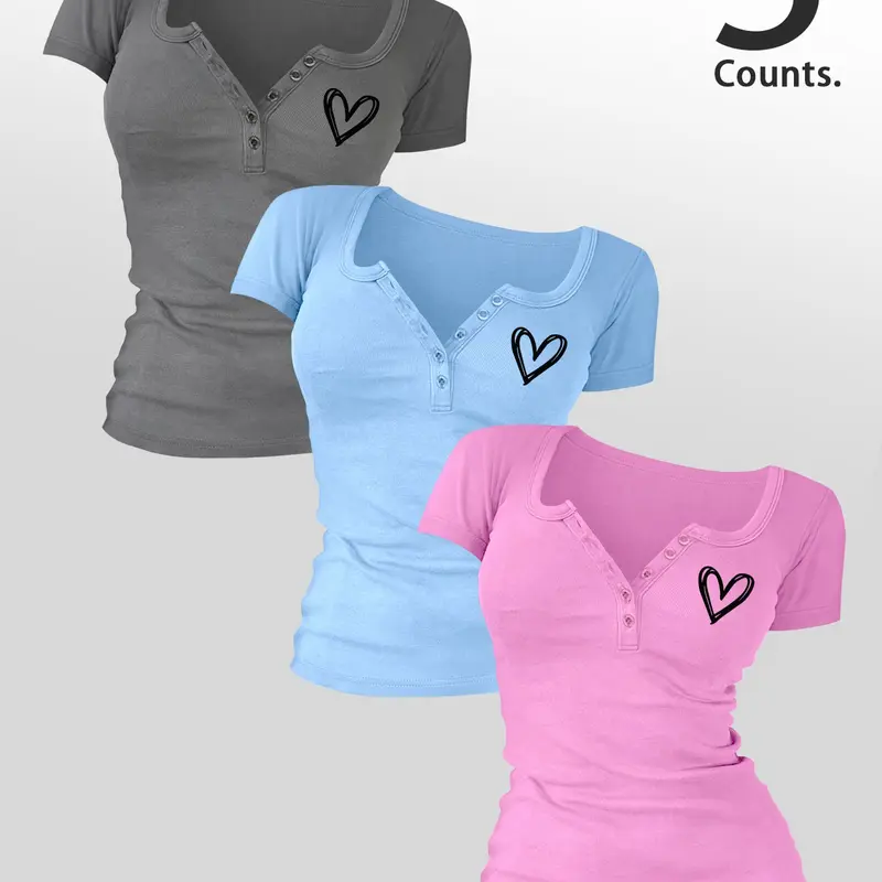 Hearts Printed Women's Buttons V Neck Tee, Casual Women's Short-Sleeve T-shirt For Summer, Ladies Basic Clothes for Daily Wear, TikTok Trending T-shirt Women, Fashion Casual Top