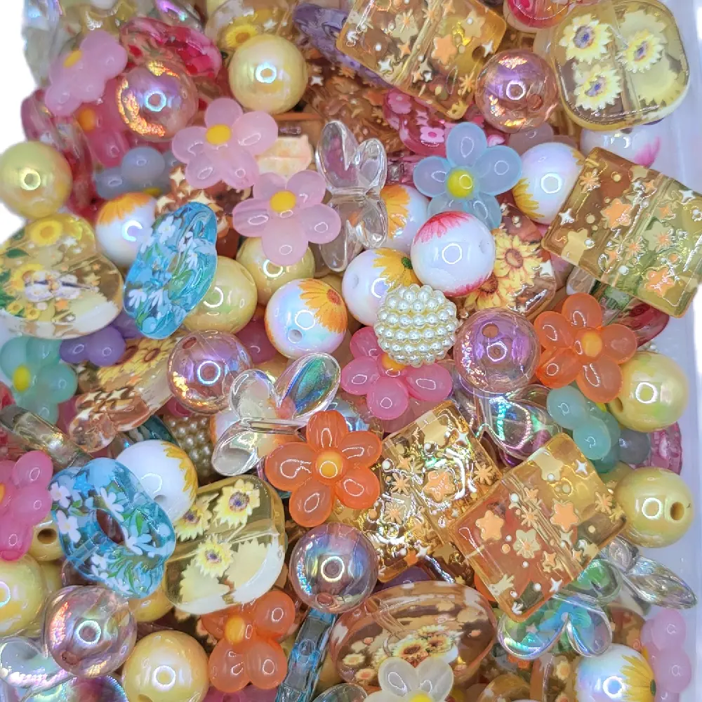 Floral Acrylic Beads Mix for Beading Making, DIY Craft - Sunflower, Daisy Shapes, Beads Charms Accessories for Pens, Beading Projects