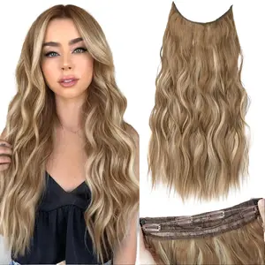 SummerVibes AISI HAIR Mixed Color Invisible Wire Hair Extensions with Transparent Wire Adjustable Size 4 Secure Clips 20 Inch Long Wavy Secret Hairpiece halo hair Synthetic Wiglets