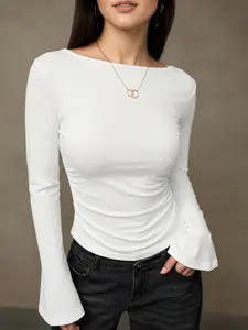 Elastic Knit Backless Fitted Flare Sleeve Top, New Year Party Women's Basic Long Sleeve Shirt, Casual Fashion Blouse for Ladies