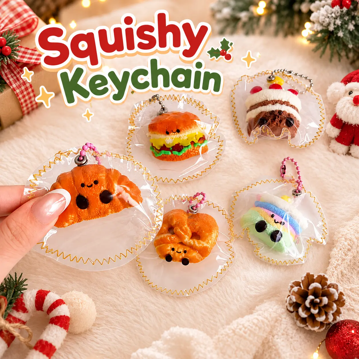 5-Pack Viral Soft Squishy Keychain - Food Shapes (Croissant, Cake, Burger & More) Slow Rising Fidget Toy, Cute Charm, Sensory Stress Reliever Gift for Kids, Back to School Bag Accessory