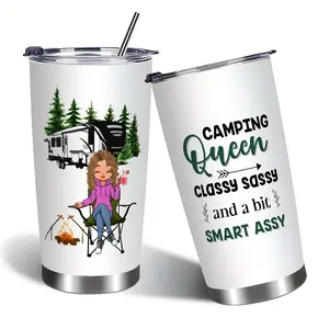 A 20-Ounce Stainless Steel Travel Mug, Labeled CAMPING QUEEN, Featuring a Playful Design That Maintains The Temperature of Beverages, Includes a Lid And Straw, Suitable for Coffee, Sports, Or Outdoor Use