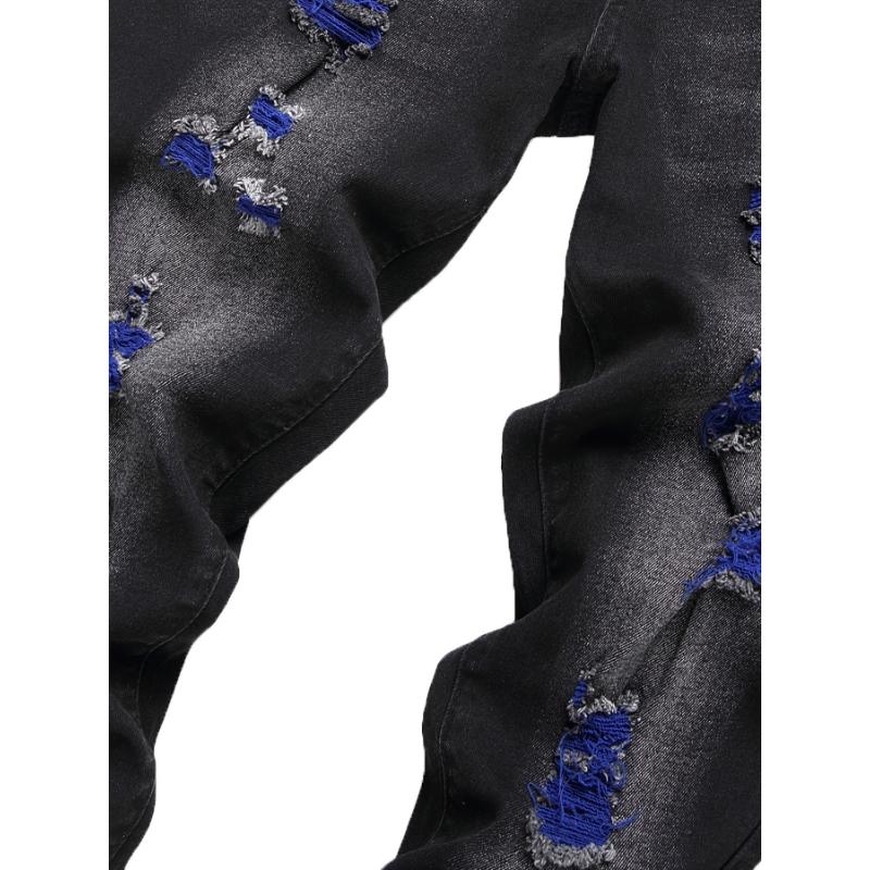 Men's Slim-Fit Ripped Black Jeans - Stretch Denim with Distressed Detail, Machine Washable