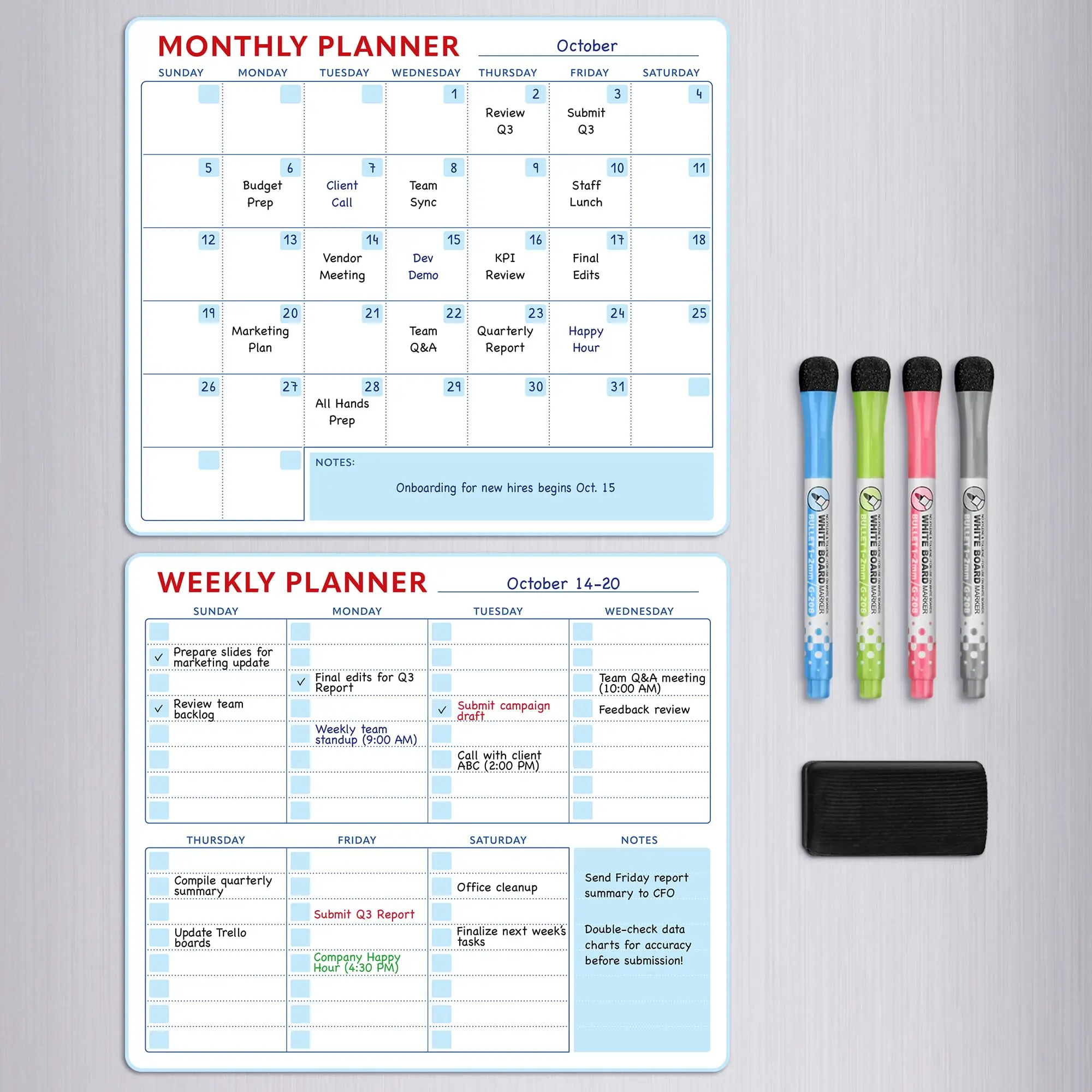 2-Pack Magnetic Fridge Dry Erase Board Calendar Set - Color-Coded Planning Boards with Monthly Planners, Weekly Planner Pad, Blank Headers, Office Stationery for Desks, Home Decor