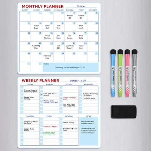 2-Pack Magnetic Dry Erase Board Calendar Set - Home Office Whiteboard Organizer with Magnetic Back, Color-Coded Monthly/Weekly Planners, Shaded Dates, Task Tracking, Blank Headers, Checkmark Boxes, No Stains/Residue, Fits Most Refrigerators