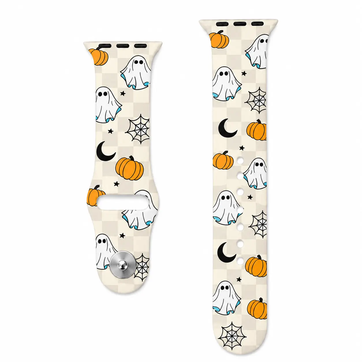Checkered Ghost Pumpkin Silicone Watch Band - Beige Halloween Adjustable Strap for Smartwatches, Daily Wear and Party Outfits