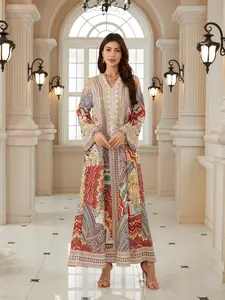 Middle Eastern Ramadan Women's Multi-Color Patchwork Paisley Rhinestone Long Robe, Dubai Style Festival Evening Gown Kaftan Abaya Dress