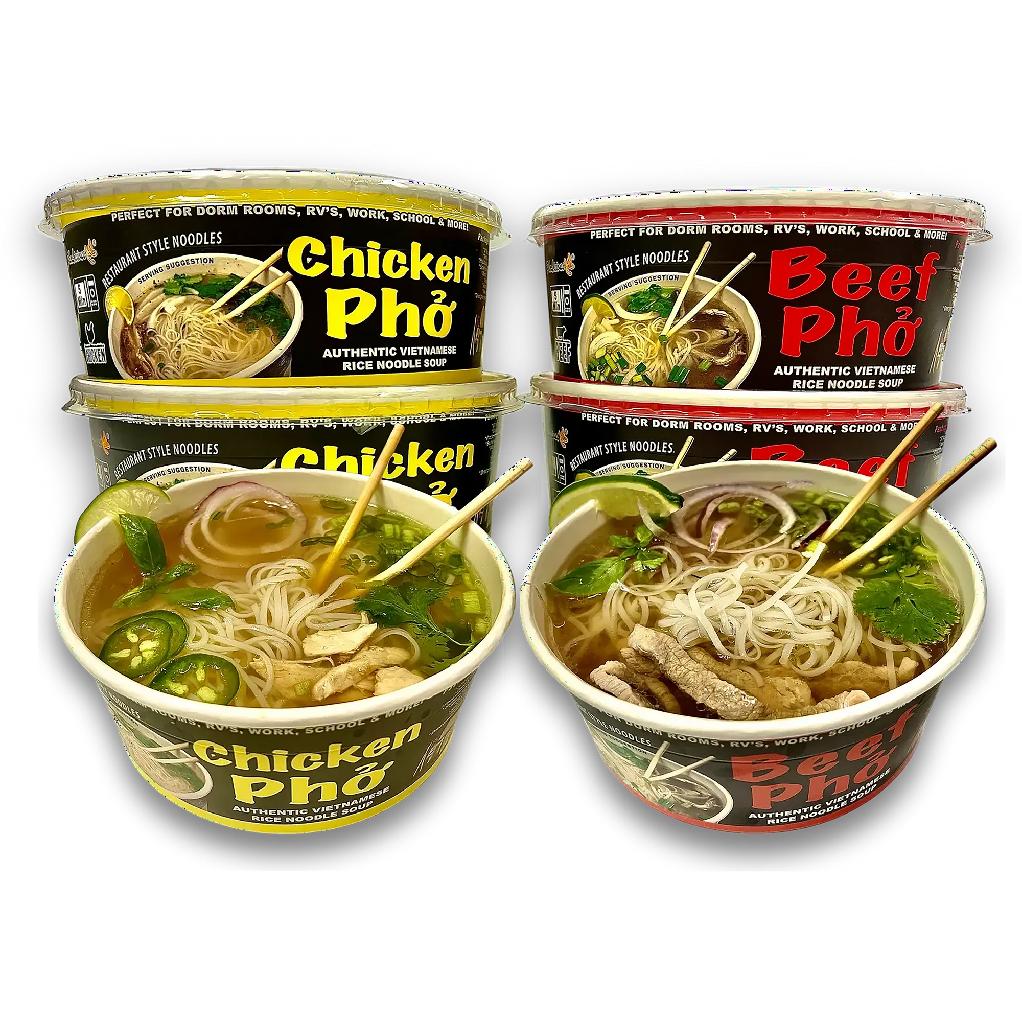 Pholicious Instant Pho Variety Pack - 4 Count Combo Box with 2 Chicken & 2 Beef, 3.6 Ounce Bowls, Authentic Flavor, Made with Fresh Ingredients - Food