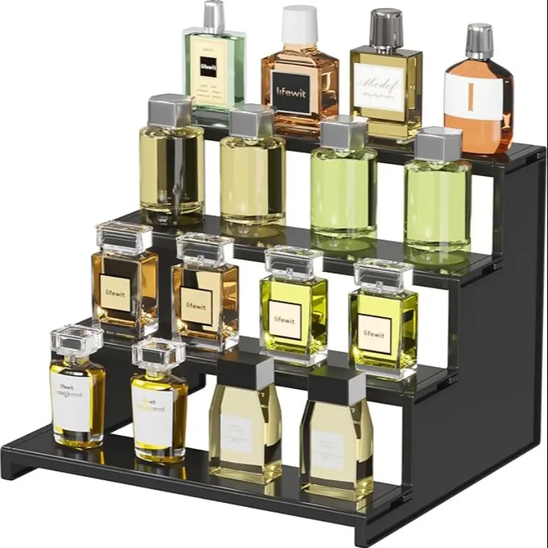 12 Inch Dark Cologne Perfume Rack, Step Style Organizer, Tool-Free Assembly, Display Shelf for Perfumes Skincare Decorations Desserts, Countertop Perfume Tray, Cologne Perfume Stand