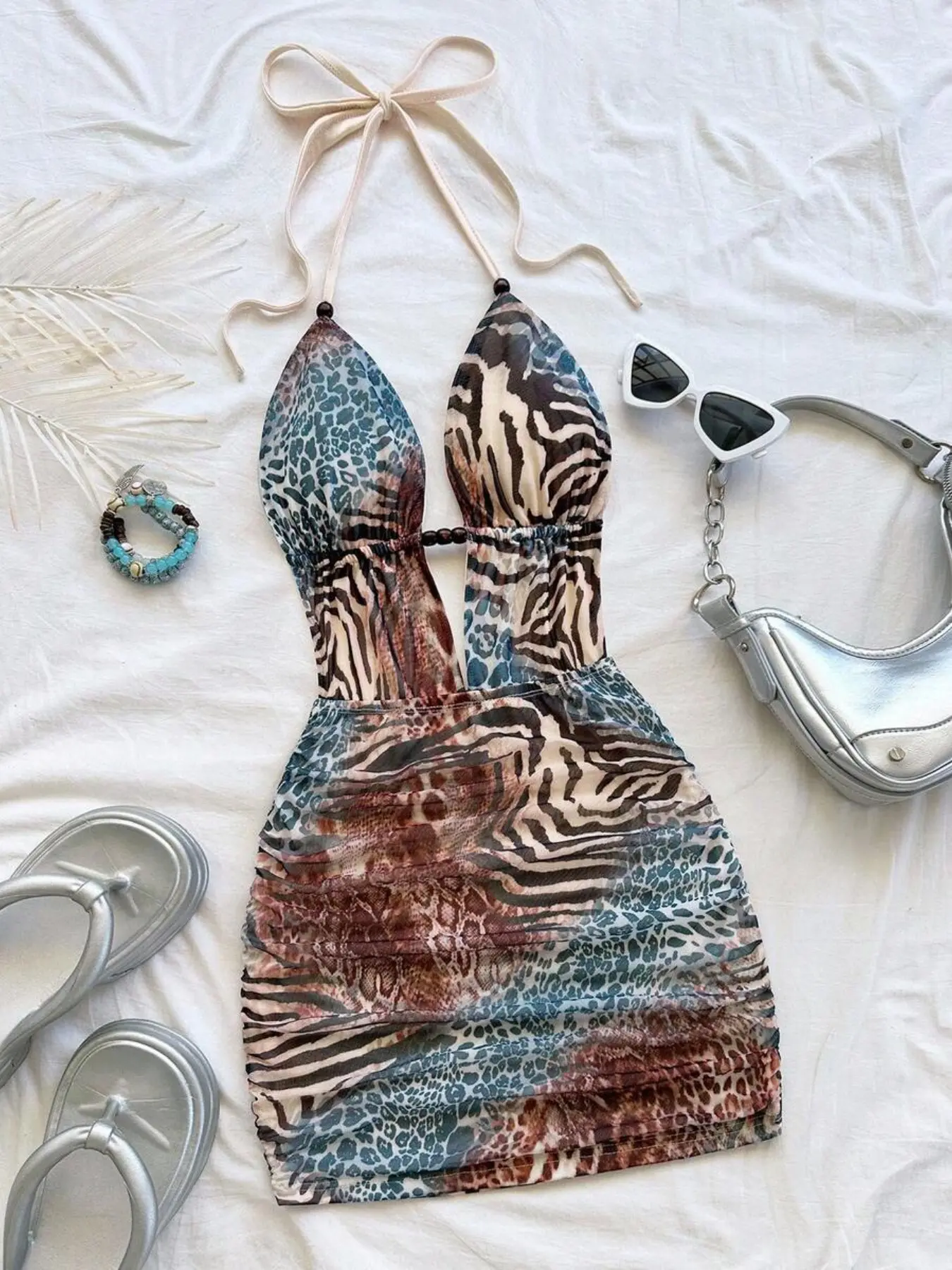 Women's Retro Vintage Tie-Dye Leopard and Zebra Print Deep V Neck Sleeveless Mini Summer Casual Dress, Perfect for Parties, Dates, Afternoon Tea, Beach Vacation
